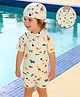 Mark & Mia Half Raglan Sleeves Sea Life Printed Legged Swimsuit With Cap - Beige