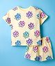 Smarty Girls Sinker Knit Half Sleeves Top & Shorts Co-ord Set With Floral Print - Lemon Yellow