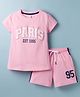 Smarty Girls Sinker Knit Half Sleeves Paris Text Printed Top & Shorts Set - Pink