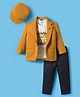 Dapper Dudes Full Sleeves Solid Blazer With Typography Printed Tee & Pant Set With Cap - Mustard