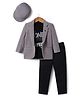 Dapper Dudes Full Sleeves Solid Blazer With Typography Printed Tee & Pant Set With Cap - Grey