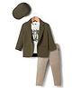 Dapper Dudes Full Sleeves Solid Blazer With Typography Printed Tee & Pant Set With Cap - Olive Green