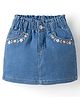 Babyhug Denim Mid Length Skirts With Floral Embroidery - Blue
