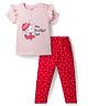 Doodle Poodle 100% Cotton Single Jersey Knit Half Sleeves Top & Lounge Pant Set With Bunny & Polka Dot Print - Pink & Red