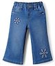 Babyhug Full Length Washed Denim Jeans With Stretch & Floral Embroidery - Blue