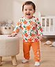 Doodle Poodle 100% Cotton Single Jersey Knit Full Sleeves Top & Lounge Pant Set With Floral Print - White & Orange