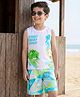 OLLINGTON ST. Cotton Knit Sleeveless Beach Theme Printed Tank T- Shirt & Shorts Set - White & Multicolor