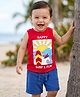 Doodle Poodle 100% Cotton Single Jersey Knit Sleeveless Beach Theme Printed T-Shirt & Shorts Set - Red & Navy Blue