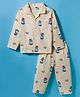 Teddy Sinker Knit Full Sleeves Co-ords Night Suit With Dino Print - Beige