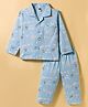 Teddy Sinker Knit Full Sleeves Co-ords Night Suit With Animal Print - Light Blue