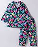 Teddy Sinker Knit Full Sleeves Co-ords Night Suit With Floral Print - Navy Blue