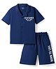 Primo Gino 100% Cotton Knit Half Sleeves Shirt & Shorts Set With HD Text Print - Navy Blue