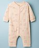 I Bears Interlock Knit Full Sleeves Front Open Romper with Sheep Print - Peach