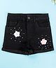 Kiddopanti Denim Woven Floral Applique Detailed & Rhinestones Embellished Shorts - Black
