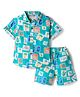 JASH KIDS Cotton Woven Half Sleeves Co-ords Shirt & Shorts Set with Postcard Print - Turquoise