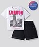 Primo Gino 100% Cotton French Terry Knit Half Sleeves Oversized New York Printed T-Shirt & Shorts Set With Denim - White & Black