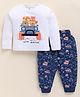 MOONKIDS Cotton Knit Full Sleeves Animals Printed Tee & Pants Set - White & Navy Blue