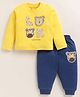 MOONKIDS Cotton Knit Full Sleeves Animal & Look For Adventures Text Printed Tee & Pants Set - Yellow & Navy Blue