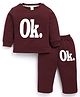 MOONKIDS Fleece Knit Full Sleeves Ok Text Printed Sweatshirt & Pants Set - Wine