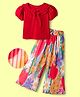 OLLINGTON ST. Crinkleed Crepe Half Sleeves Top & Printed Pleated Georgette Culotte Set - Red & Multicolor