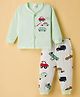 Mini Donuts Sinker Knit Full Sleeves T-Shirt & Lounge Pant Night Suit With Vehicle Print - White & Aqua