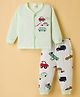 Mini Donuts Sinker Knit Full Sleeves T-Shirt & Lounge Pant Night Suit With Vehicle Print - White & Sea Green