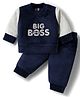 Mom's pet Fleece Knit Full Sleeves Big Boss Text Embroidered Winter Sweatshirt & Joggers Set - Blue