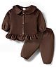 Mom's pet Cotton Spandex Knit Full Sleeves Solid Frill Detailed Winter Top & Pants Set - Brown