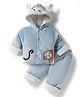 Mom's pet Cotton Spandex Knit Full Sleeves Monkey Embroidered Winter Hooded Jacket & Pant Set - Blue