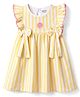 Bonfino Cotton Knit Flutter Sleeves Fit & Flare Striped Frock With Sea Shell Embroidery & Bow Applique - Yellow & White