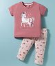 CUCUMBER Knit Half Sleeves T-Shirt & Joggers Set With Pony & Heart Print - Pink