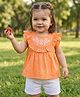 Babyoye Cotton Woven Frill Sleeves Top & Shorts Set With Floral Embroidery - Orange & White