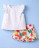 Babyoye Poplin Woven Frill Sleeves Top & Skort Set With Floral Print - White