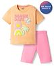 Bonfino 100% Cotton Knit Drop Shoulder Half Sleeves Oversized T-Shirt & Shorts Set with Beach Theme Print - Peach & Pink