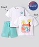 Primo Gino 100% Cotton French Terry Knit Oversized Drop shoulder Half Sleeves Beach Theme Front & Back Printed T-Shirt & Shorts Set- White & Light Blue