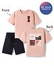 Primo Gino 100% Cotton French Terry Knit Drop Shoulder Half Sleeves Oversized T-Shirt & Shorts Set with Front & Back Surfing Print - Black & Light Pink
