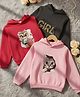 Cutiekins Fleece Knit Pack Of 3 Full Sleeves Cat & Mamas Girl Text Printed Light Winter Hoodie - Olive Baby Pink & Rani