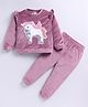 M'andy Velvet Knit Full Sleeves Sequins Embellished Unicorn Patch Detailed Winter Sweatshirt & Joggers Set - Peach