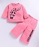 M'andy Fleece Knit Full Sleeves Butterflies Printed Winter Sweatshirt & Joggers Set - Pink