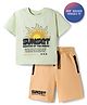 Primo Gino 100% Cotton French Terry Knit Oversized Drop Shoulder Half Sleeves T-Shirt & Shorts Set With Sunset Print -Green