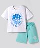 Primo Gino100% Cotton French Terry Knit Oversized Drop Shoulder Half Sleeves Beach Theme Printed T-Shirt & Shorts Set - White & Sea Green
