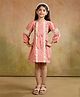 Tiny Twills Linen Woven Three Fourth Sleeves Floral Embroidered Frill Detailed Dress - Peach