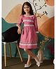 Tiny Twills Linen Woven Three Fourth Sleeves Floral Designed Lace Embroidered Dress - Ruby Pink