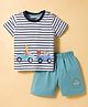 Mini Taurus Sinker Knit Half Sleeves Striped T-Shirt & Shorts Set With Animal Print - Aqua