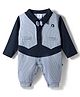 Mini Taurus Interlock Knit Full Sleeves Party Romper with Bow Applique & Stripes - Navy Blue