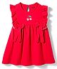Bonfino 100% Cotton Knit Frill Sleeves Fit & Flared Dress with Cherry Embroidery & Bow Applique -Red
