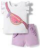 Bonfino 100% Cotton Knit Flutter Sleeves Printed T-Shirt & Shorts Set with Sequins Embroidery- White
