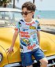 OLLINGTON ST. Cotton Knit Half Sleeves Printed T-Shirt & Denim Stretchable Shorts - Multicolor & Indigo