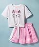 Twetoons Woven Half Sleeves Kitten Printed Top & Checkered Skirt Set - Pink & White