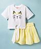 Twetoons Woven Half Sleeves Kitten Printed Top & Checkered Skirt Set - Yellow & White